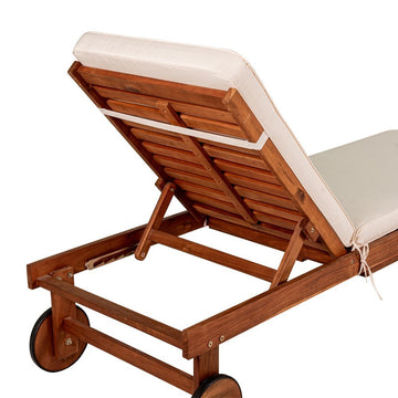 Seabrook Outdoor Acacia Wood Lounger with Cushion, 5-Position Back, Slide Table & Wheels - JONATHAN Y